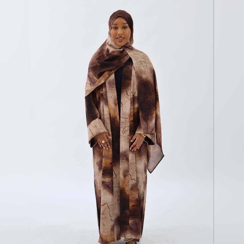Marble Printed Abaya In Beige/Brown